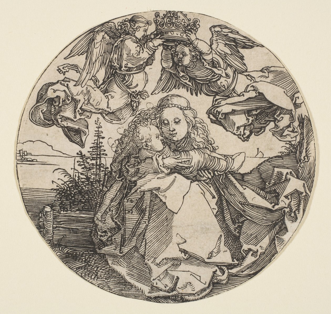 Jomfruen og barnet kronet af to engle over et landskab, der er trimmet ud, ca. 1504. af Albrecht Dürer