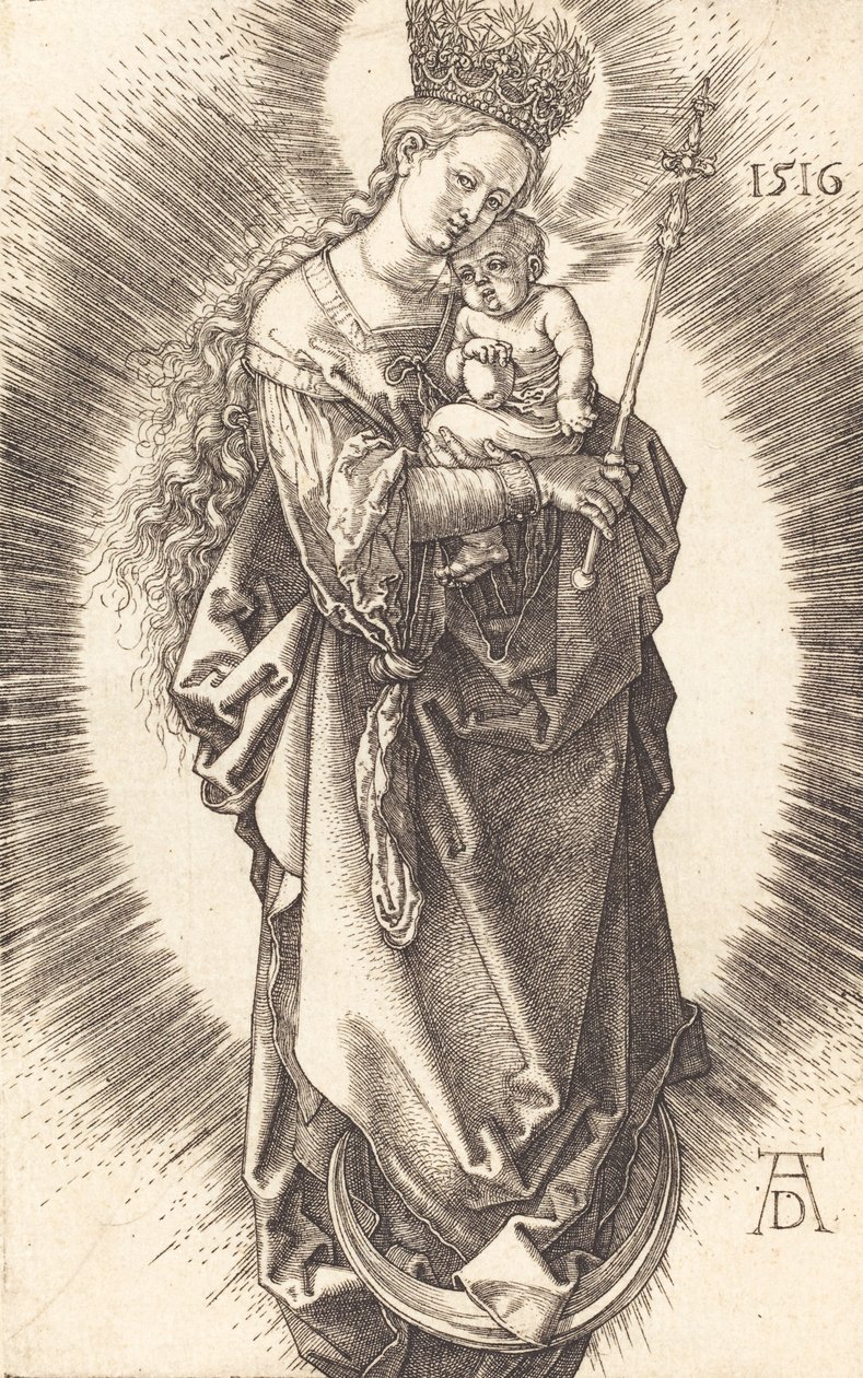 Jomfruen og barnet på en halvmåne med et scepter og en stjernekrone, 1516. af Albrecht Dürer