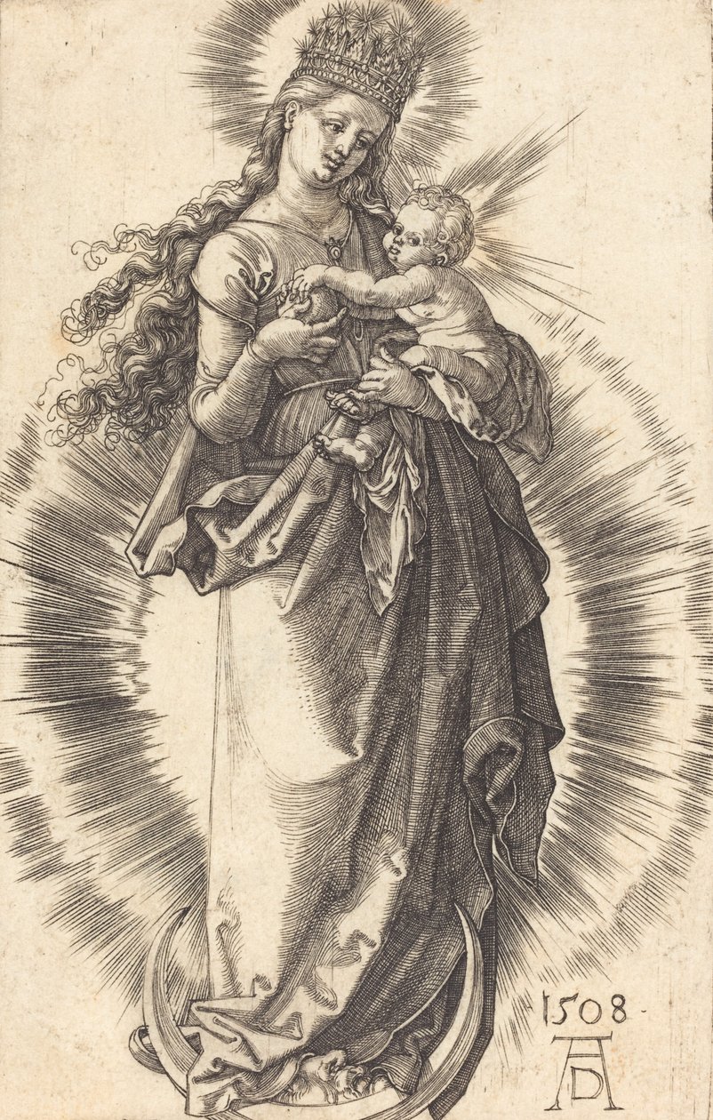 Jomfruen og barnet på en halvmåne med en stjernekrone, 1508. af Albrecht Dürer