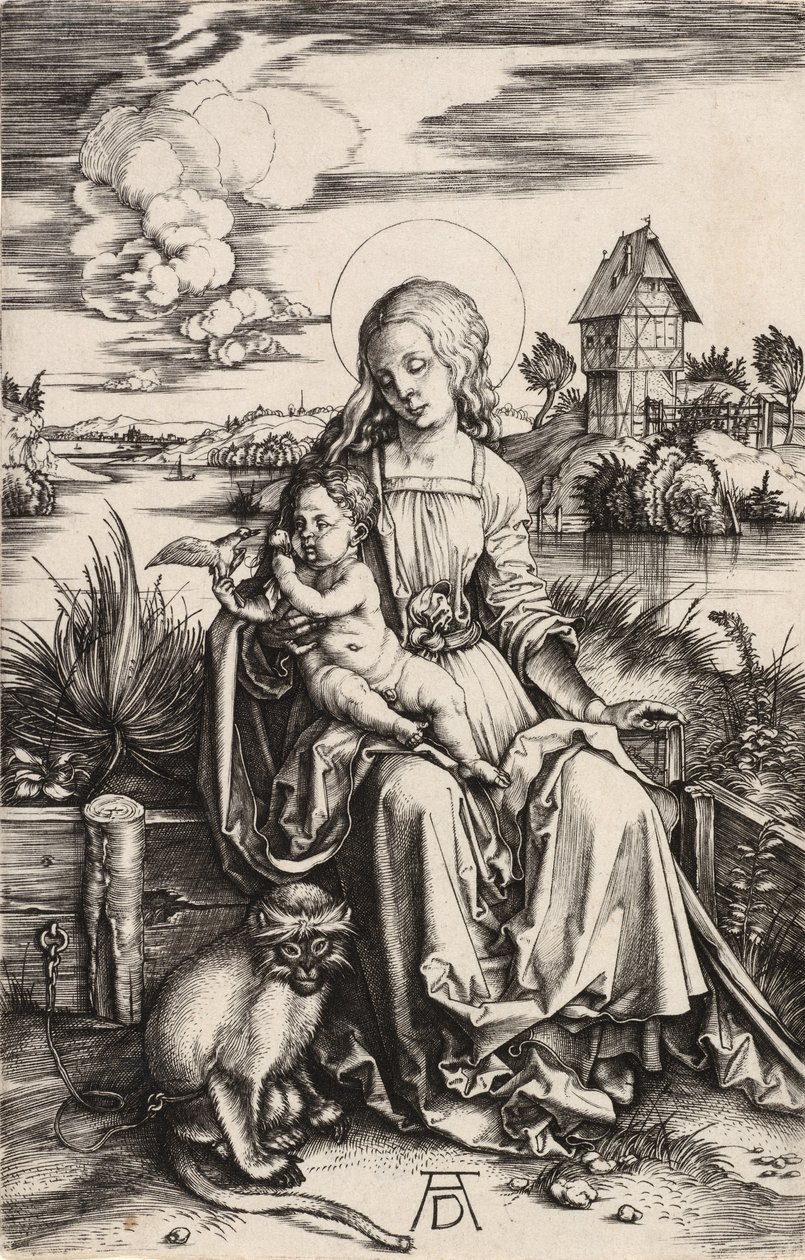 Jomfruen og barnet med aben, ca. 1498. af Albrecht Dürer