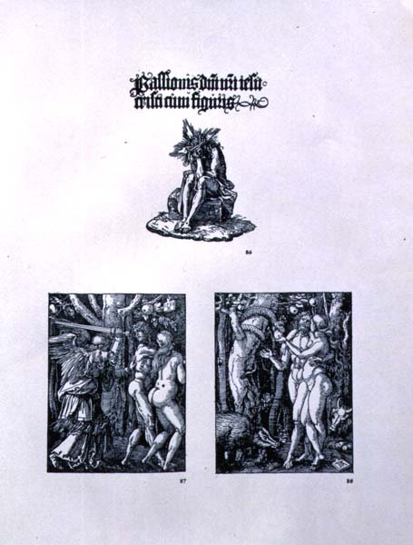 Tre sider fra Small Passion-serien: (øverste) titelblad med Kristus som sorgens mand og en latinsk indskrift; (venstre) Uddrivelsen fra paradis; (til højre) Adam og Eva, pub. 1511 af Albrecht Dürer