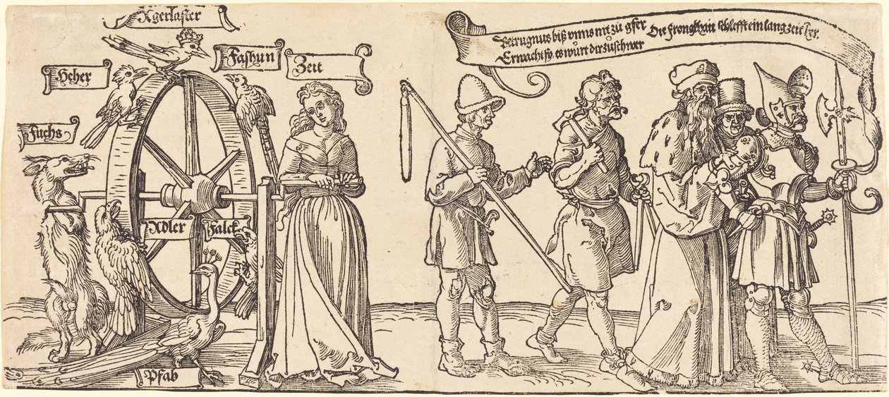 Tid og en ræv, der drejer lykkehjulet med folk i alle rækker til højre af Albrecht Dürer
