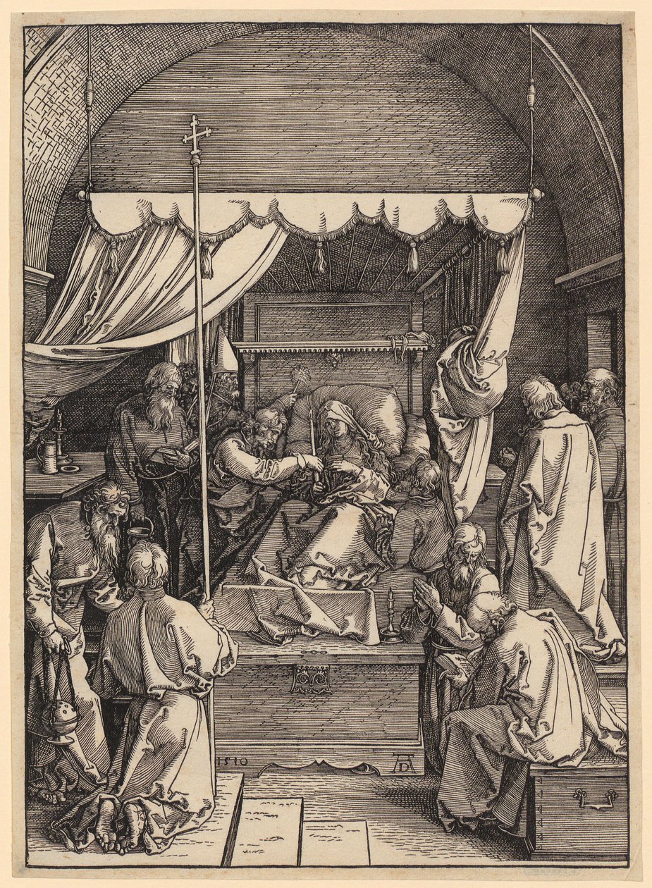 Jomfru Marias død, blad 18 fra serien „Jomfru Marias liv“ af Albrecht Dürer