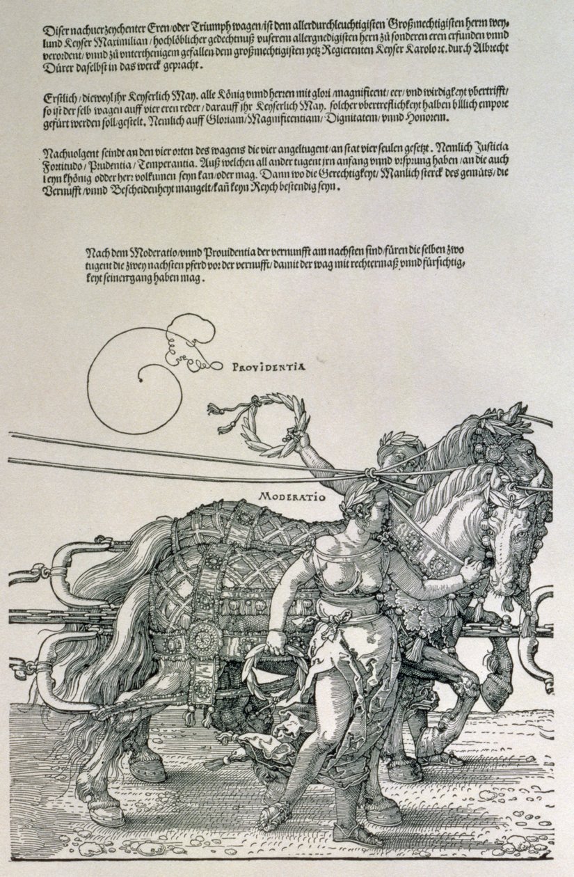 Triumfvogn af kejser Maximilian I af Tyskland (1459-1519): detaljer om hesteholdene, styret af to dyder, Providence and Moderation, pub. ca. 1518 (træsnit) af Albrecht Dürer