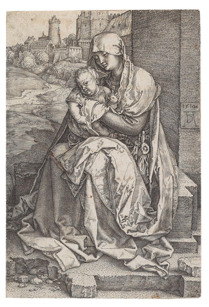 Jomfru og barn siddende ved muren, 1514. af Albrecht Dürer