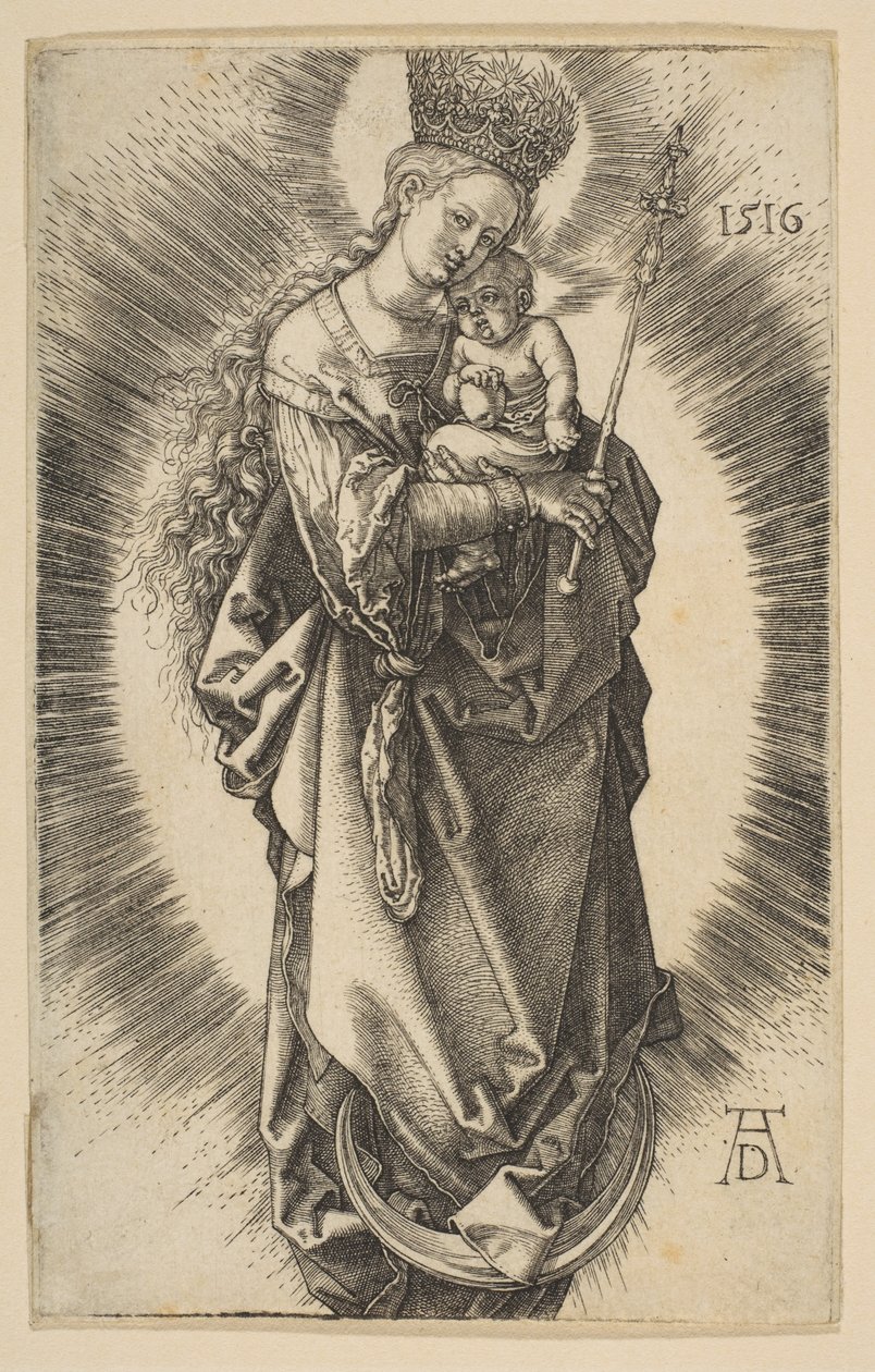 Jomfruen på halvmånen med scepter og stjernekrone af Albrecht Dürer