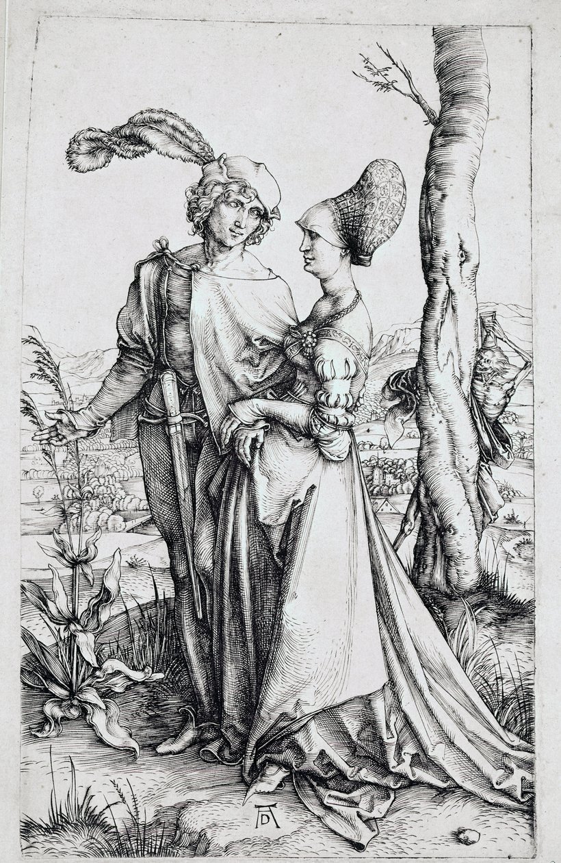 Et par gående, overvåget af Døden skjult bag et træ, med et timeglas). Stik af Albrecht Durer (1471-1528) 1496-1498 Dim. 19x12 cm Berlin, graveringsskab af Albrecht Dürer