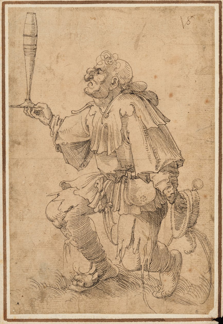 En grotesk mand knæler og holder et højt ølglas i bunden af Albrecht Dürer