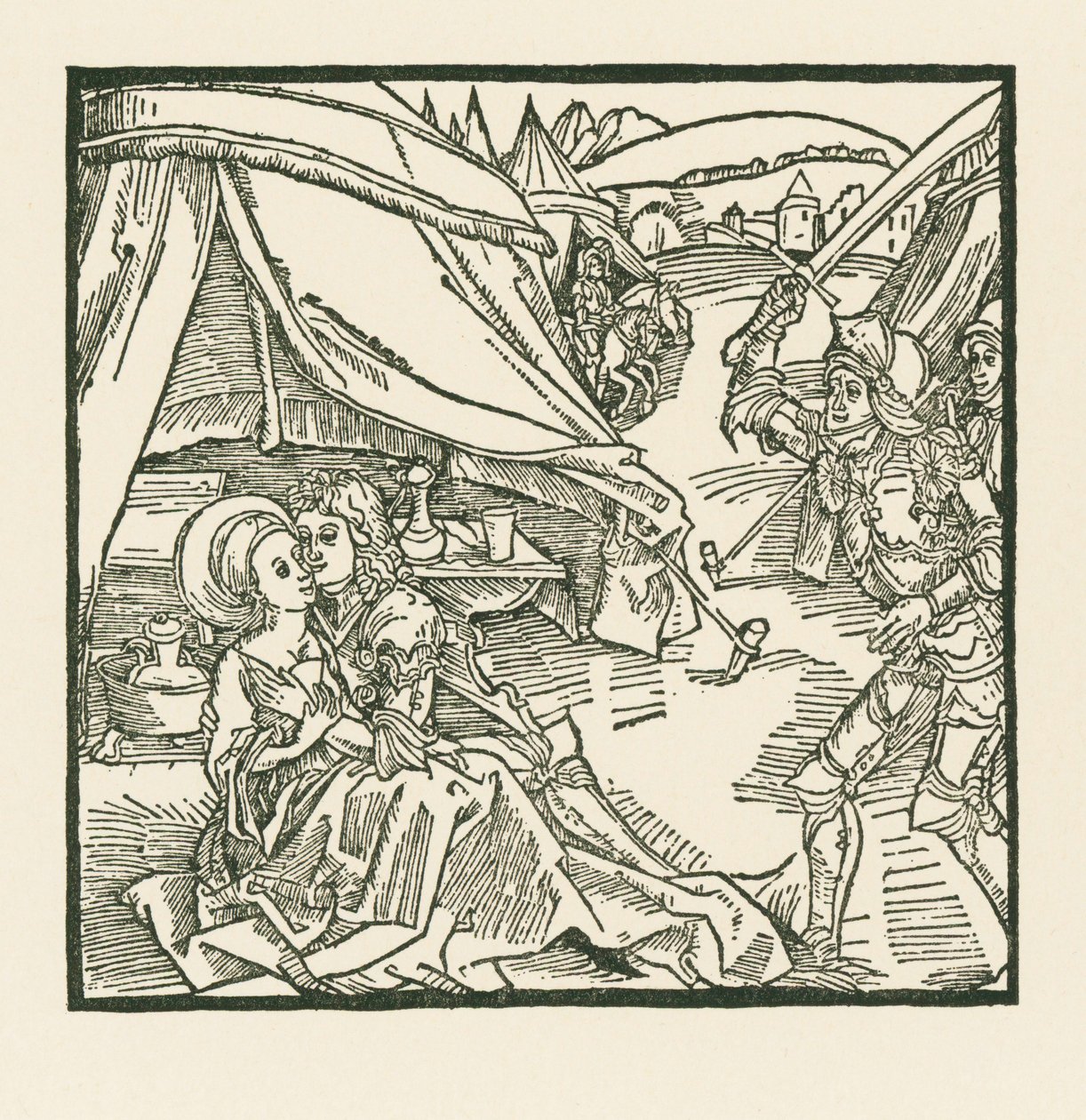 En ridder fra den israelitiske hær dræber en anden ridder, som han finder sammen med en hedensk elskerinde. af Albrecht Dürer or Duerer