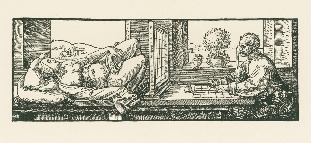 En mand tegner en liggende kvinde af Albrecht Dürer or Duerer