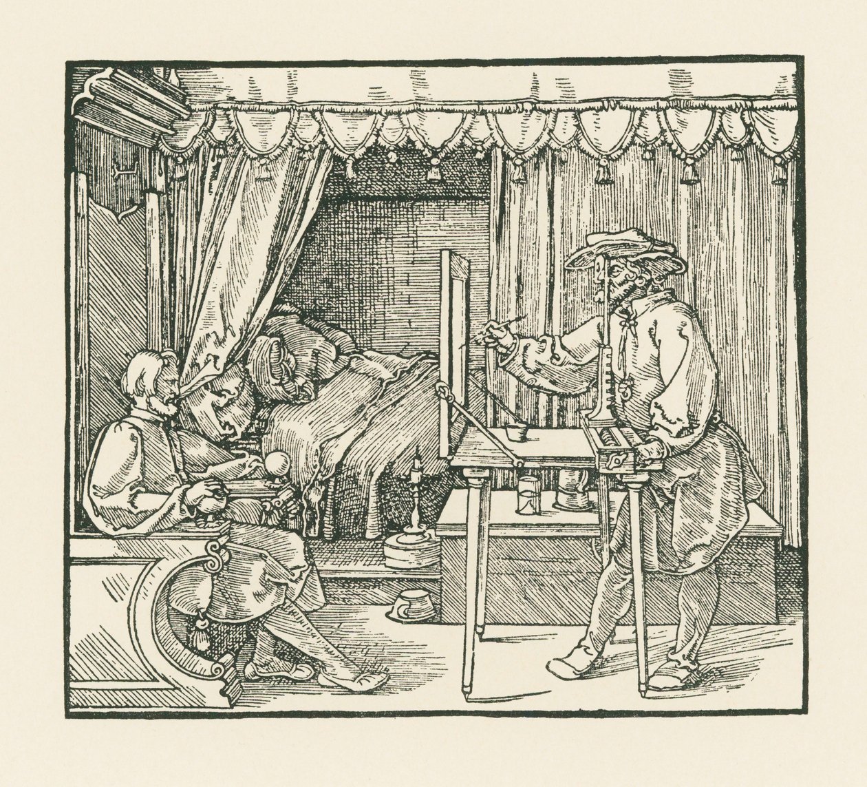 En kunstner tegner en siddende mand på et glasplan gennem en sigteskive af Albrecht Dürer or Duerer