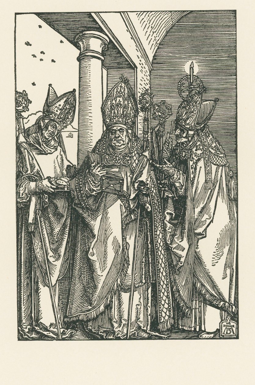 Biskop Sankt Nicolaus, helgenerne Ulrich og Erasmus, ca. 1505 (træsnit) af Albrecht Dürer or Duerer