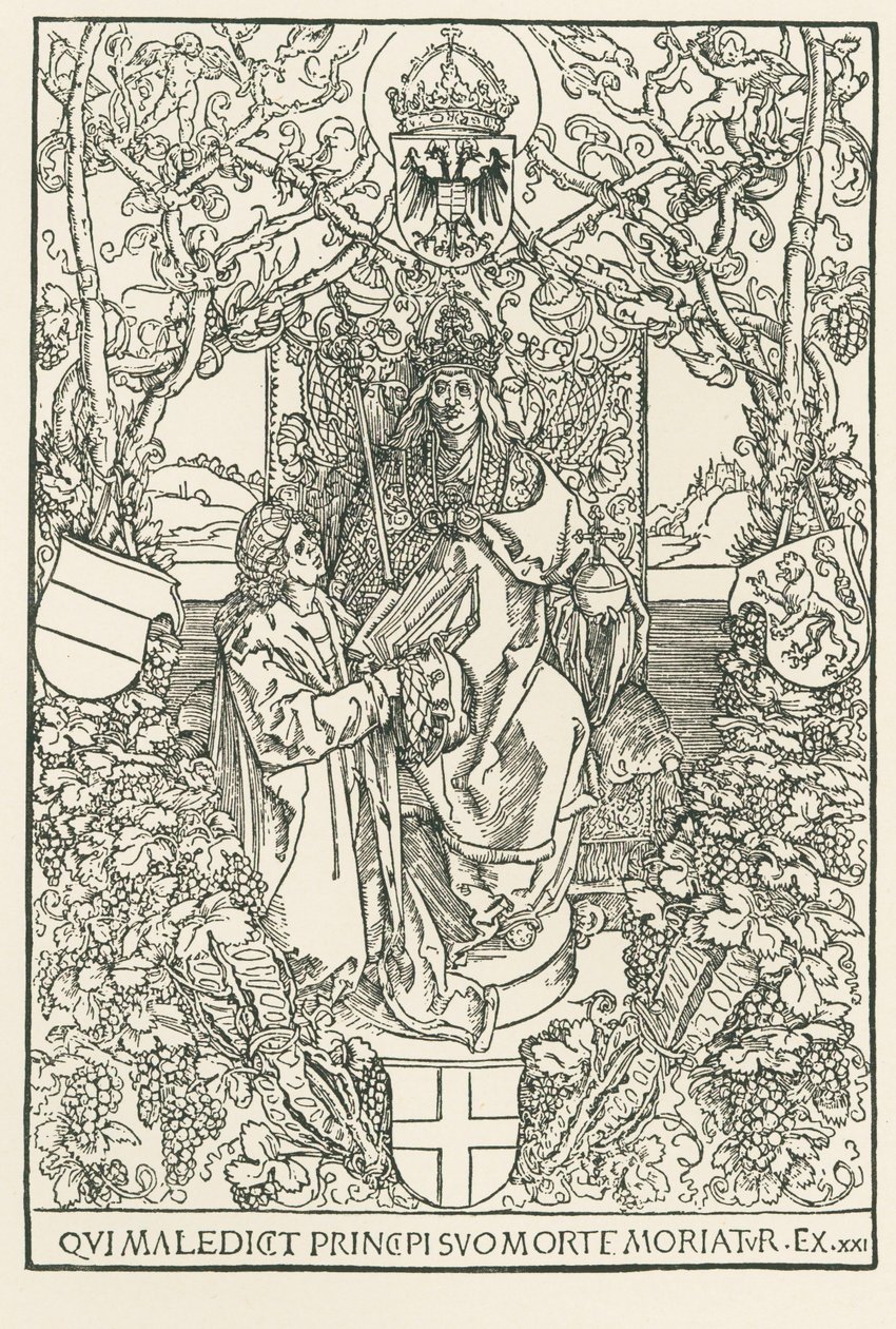 Celtes præsenterer sit værk for kejser Maximilian, trykt for Sodalitas Celtica, Nürnberg af Albrecht Dürer or Duerer