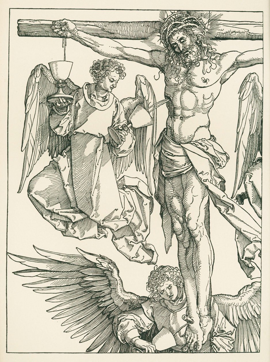 Kristus på korset med tre engle, ca. 1513-13 (træsnit) af Albrecht Dürer or Duerer