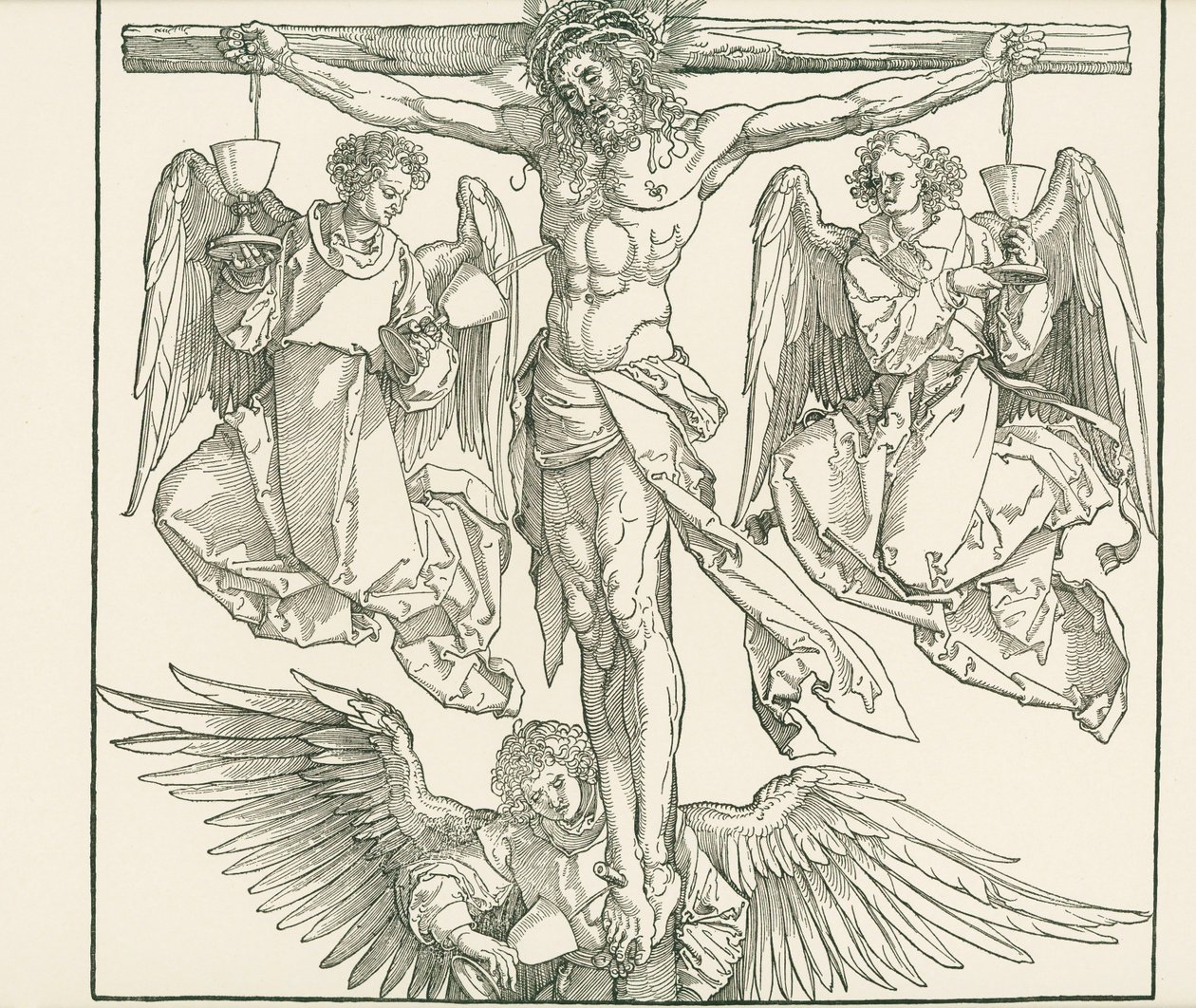 Kristus på korset med tre engle, ca. 1513 (træsnit) af Albrecht Dürer or Duerer