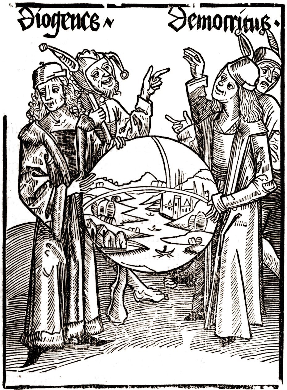 Diogenes (-413 - -327) og Democritus (-460 - -370) - i "" Das Narrenschif (Nårenes båd)" af Sébastien Brandt (1458 - 1521). Gravering. af Albrecht Dürer
