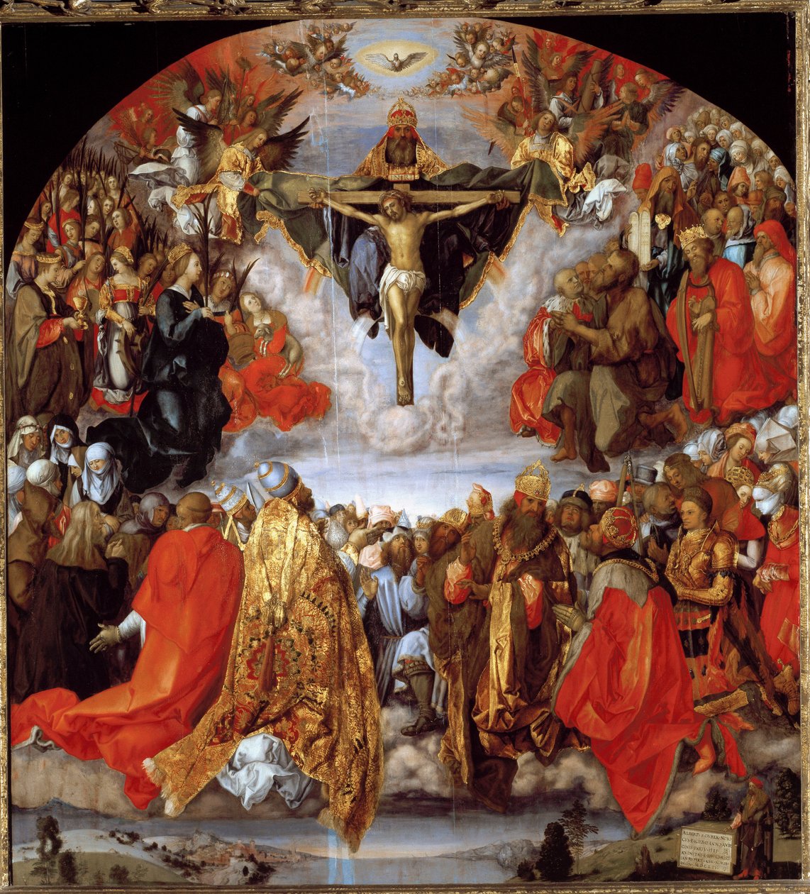 Gud, Jesus Kristus og Helligåndens due (alle helliges altertavle) (olie på træ) af Albrecht Dürer