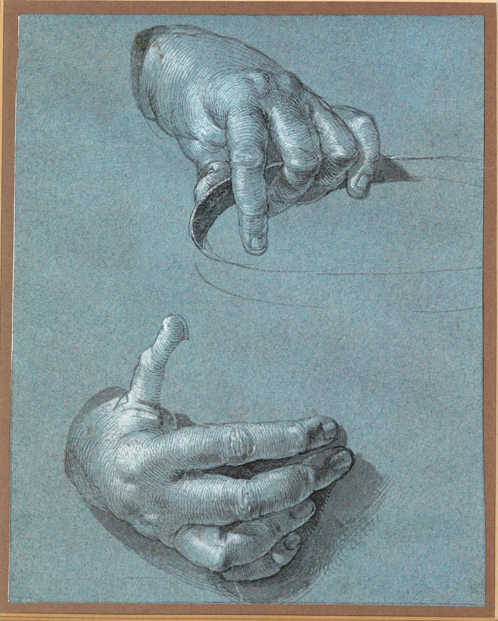 Hænder - To studier (kridttegning på blåt papir) af Albrecht Dürer or Duerer