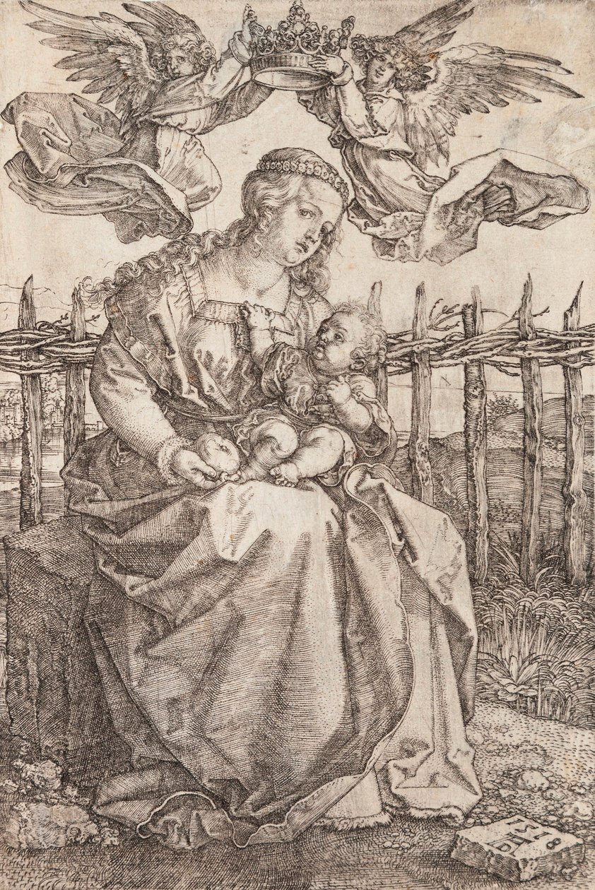 Jomfru Maria kronet af to engle - Kobberstik af Albrecht Durer (1471-1528) af Albrecht Dürer