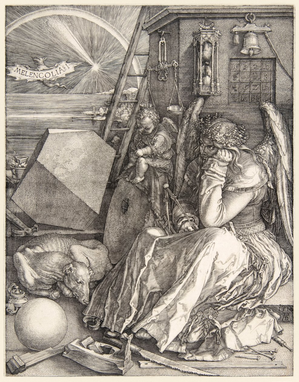 Melencolia I af Albrecht Dürer (1471-1528) på af hans 3 mestergraveringer færdiggjort i 1514. af Albrecht Dürer