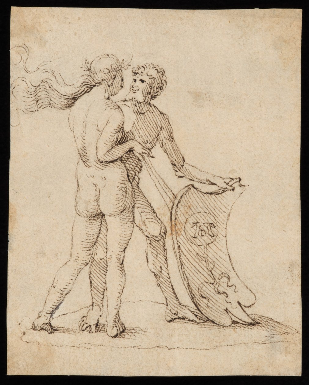 Nøgen kvinde og mand med skjoldet med Willibald Pirckheimers våbenskjold af Albrecht Dürer