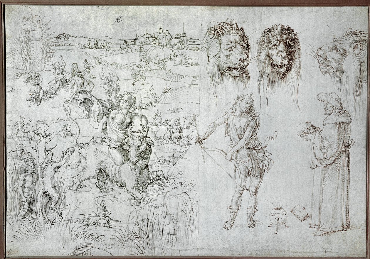 Voldtægt af Europa, løvehoveder, bueskytte, vismand, kranium (tegning) af Albrecht Dürer or Duerer
