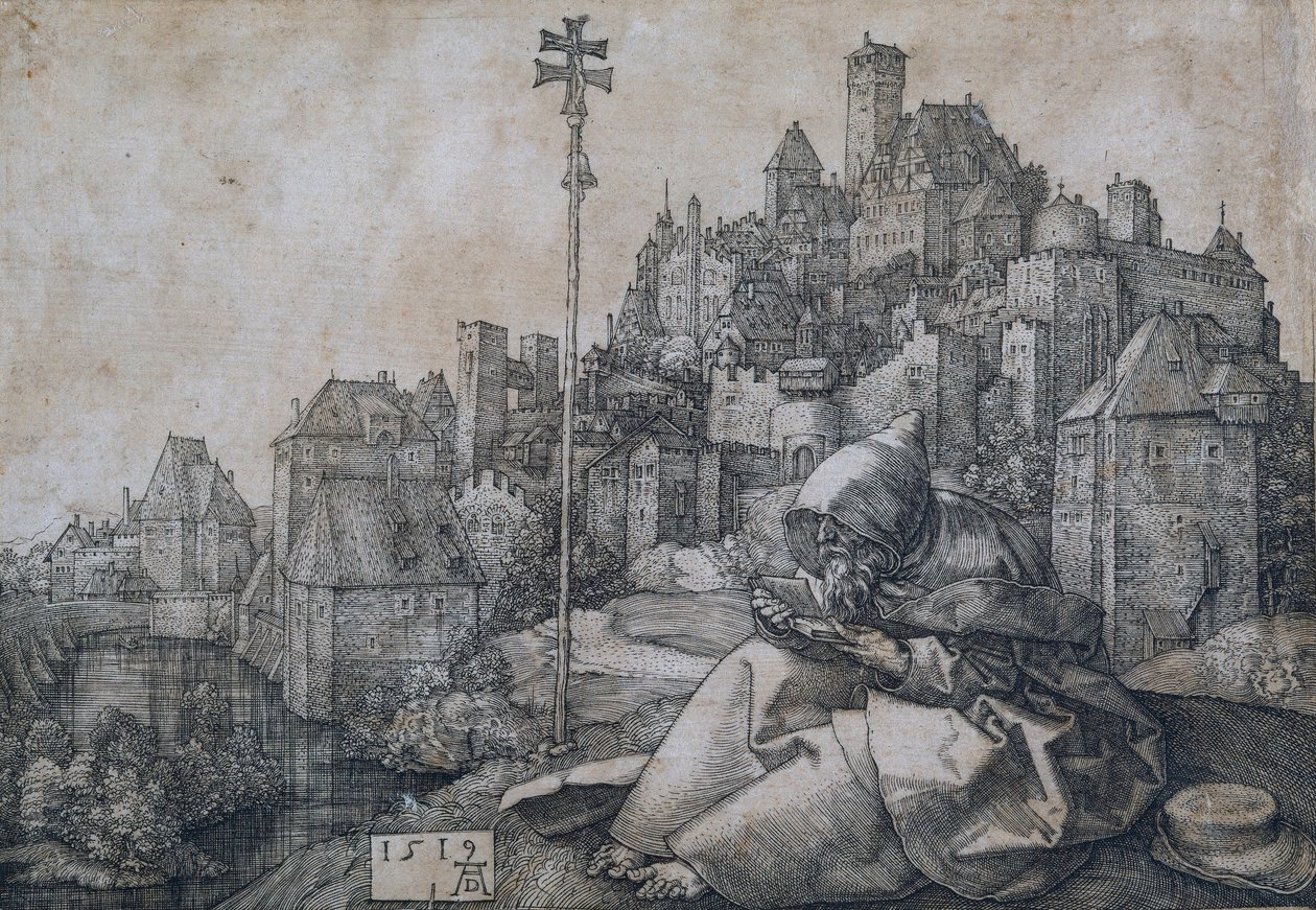Sankt Antonius sidder foran en by - Kobberstik af Albrecht Durer (1471-1528) af Albrecht Dürer