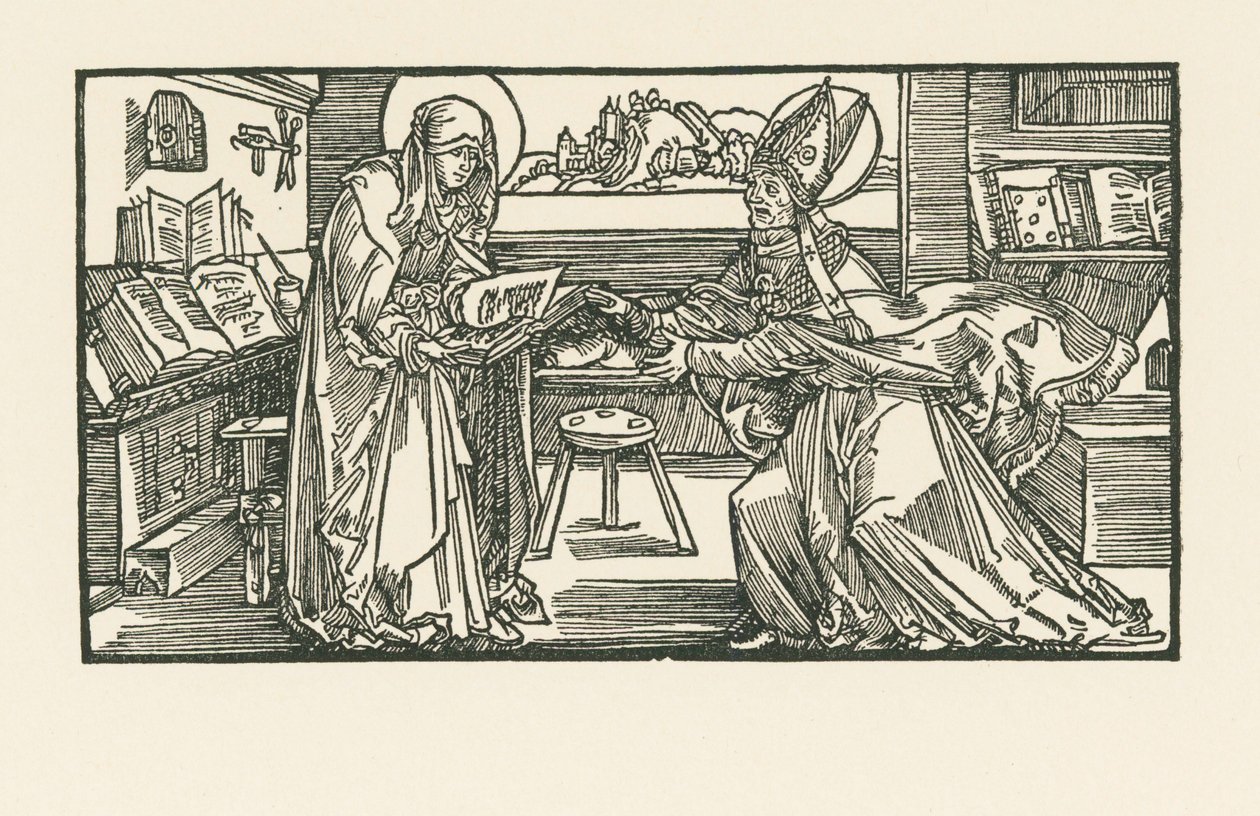 Den hellige Birgitta i sit kammer, hvor hun overrækker sit værk til en biskop af Albrecht Dürer or Duerer