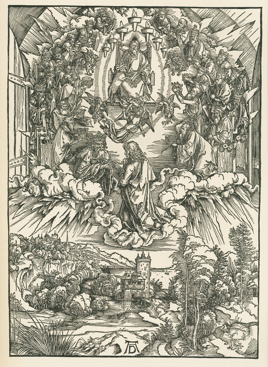 Johannes foran Gud og de fireogtyve ældste i himlen. Johannes