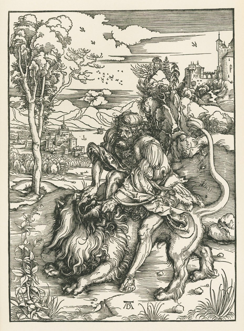 Samson dræber løven, ca. 1497-98 (træsnit) af Albrecht Dürer or Duerer