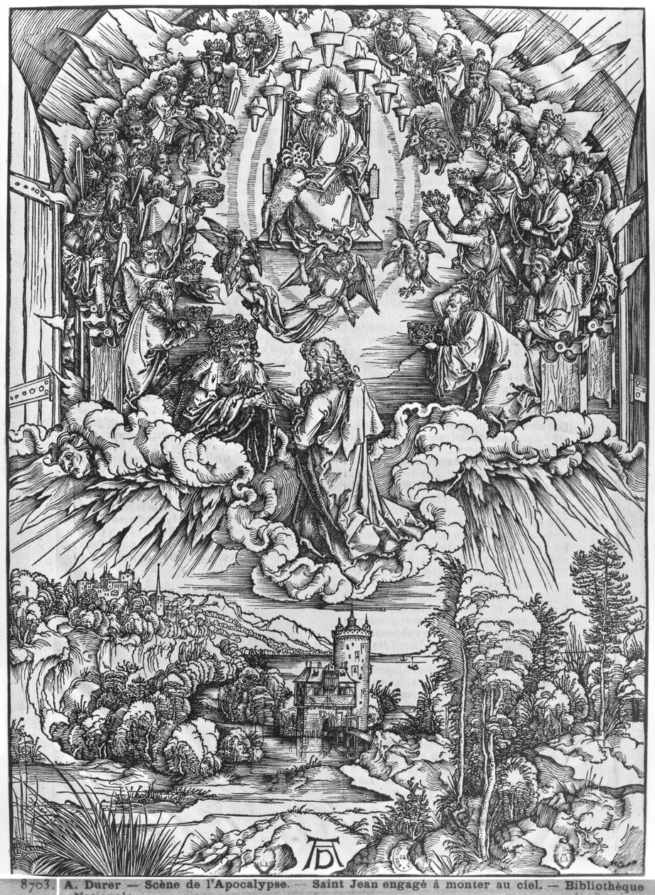 Scene fra Apokalypsen, Johannes før Gud Faderen og de fireogtyve ældste, tysk udgave af Albrecht Dürer