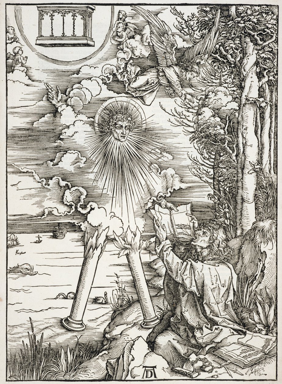 Scene fra Apokalypsen, St. John fortærer bogen, latinsk udgave af Albrecht Dürer