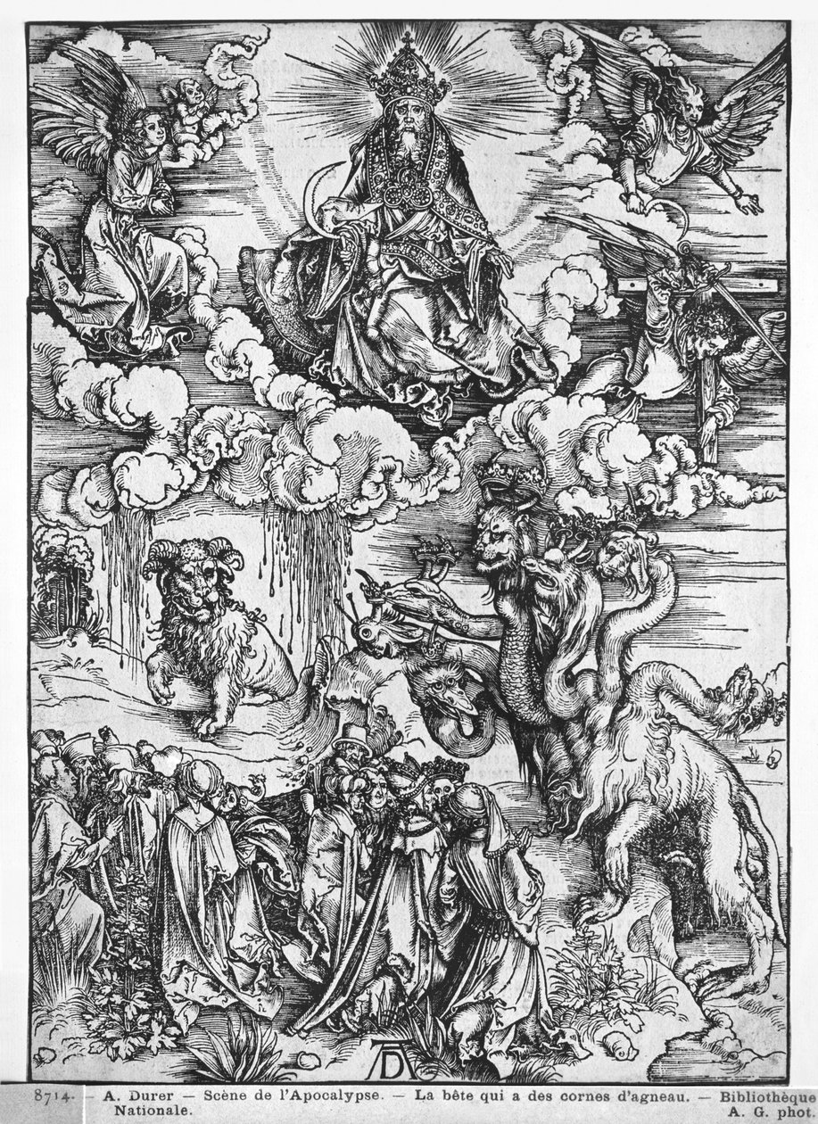 Scene fra Apokalypsen, Den syvhovedede og ti-hornede drage (træsnit) (s/h foto) af Albrecht Dürer