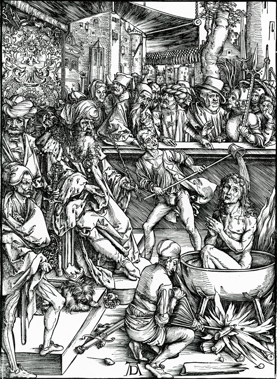 Evangelisten Johannes bliver tortureret i et kar med kogende olie, fra 