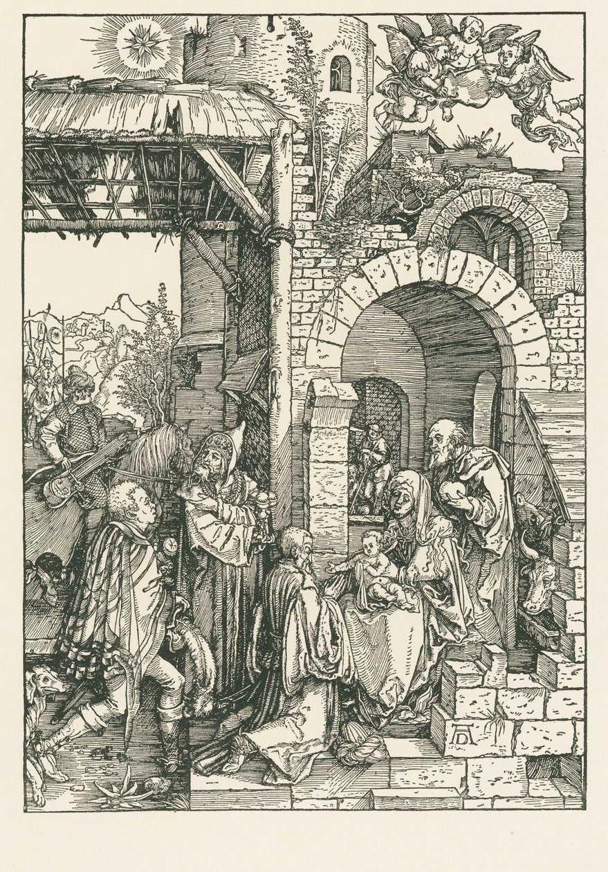 De hellige tre kongers tilbedelse, ca. 1503 (træsnit) af Albrecht Dürer or Duerer