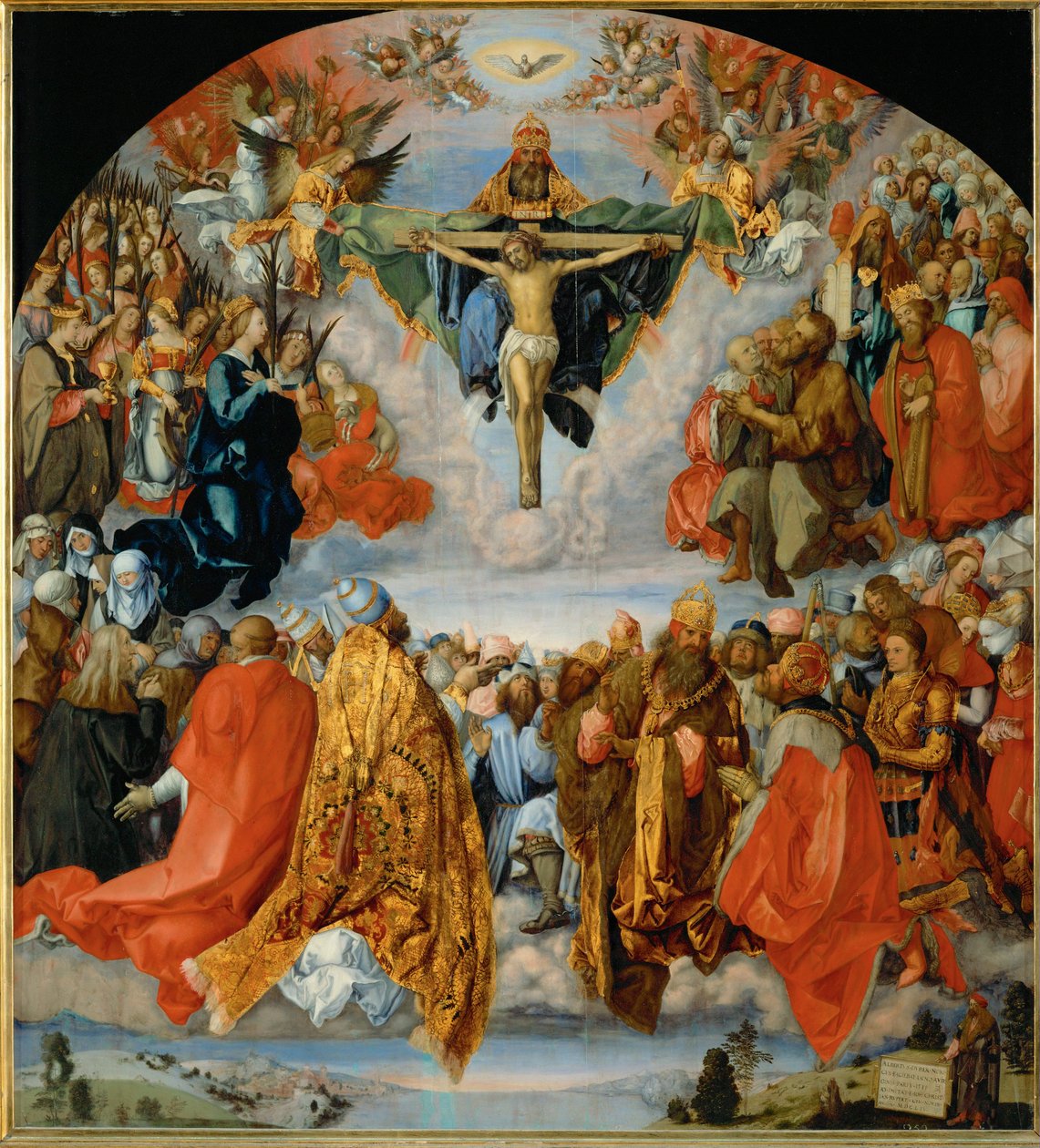Treenighedens tilbedelse med Dürers selvportræt nederst til højre (olie på poppeltræ) af Albrecht Dürer or Duerer