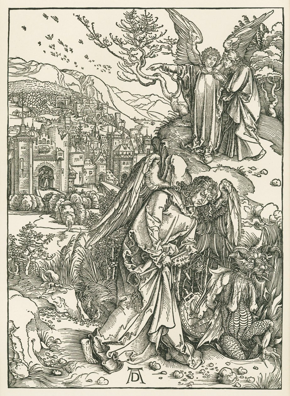 Englen med nøglen, der kaster dragen ned i afgrunden, og en anden engel, der viser Sankt Johannes det nye Jerusalem, ca. 1497-98 (træsnit) af Albrecht Dürer or Duerer