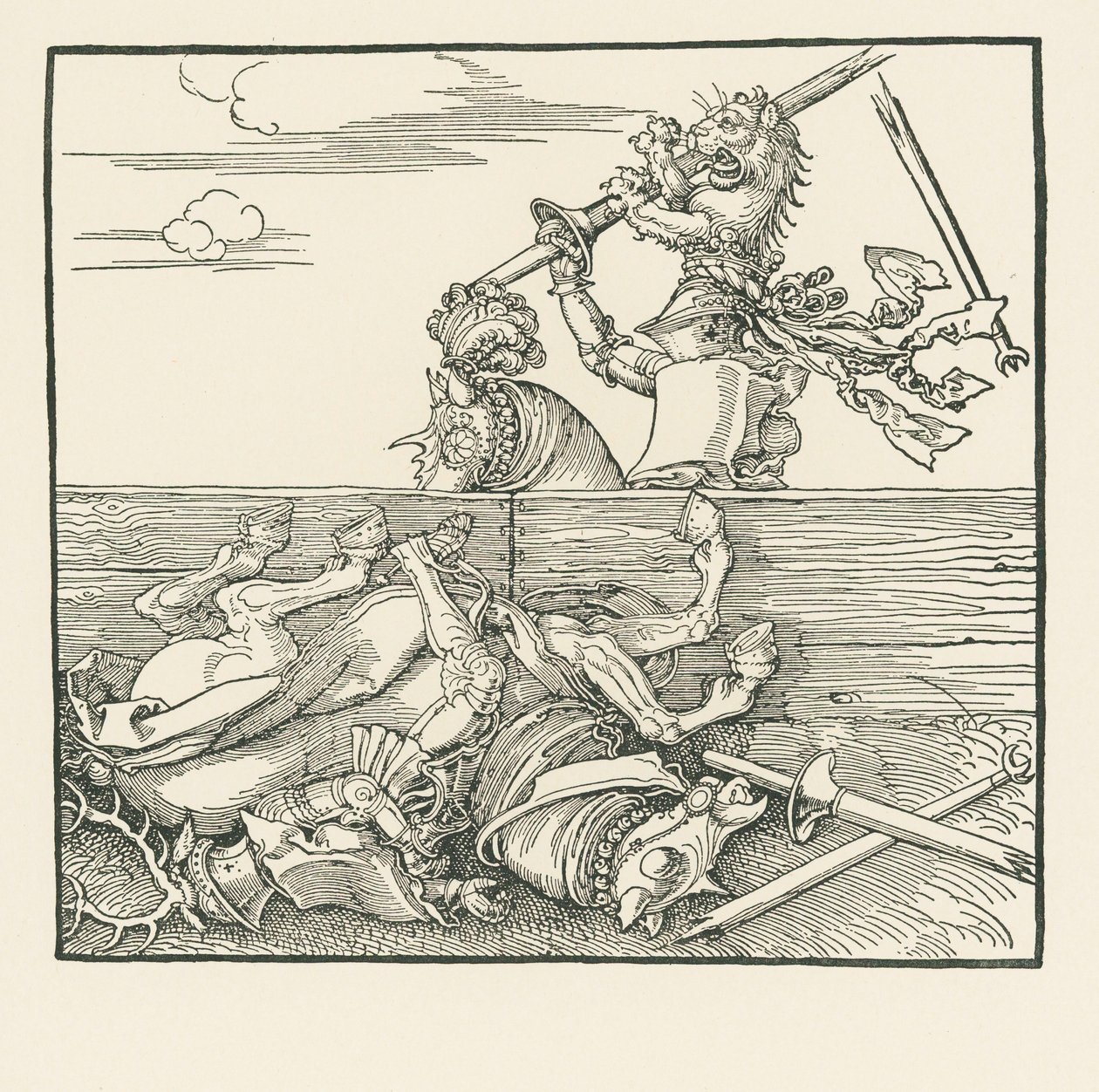 Den udenlandske turnering. Maximilian har løftet sin modstander Jacop de Heri ud af sadlen, ca. 1517-18 (træsnit) af Albrecht Dürer or Duerer
