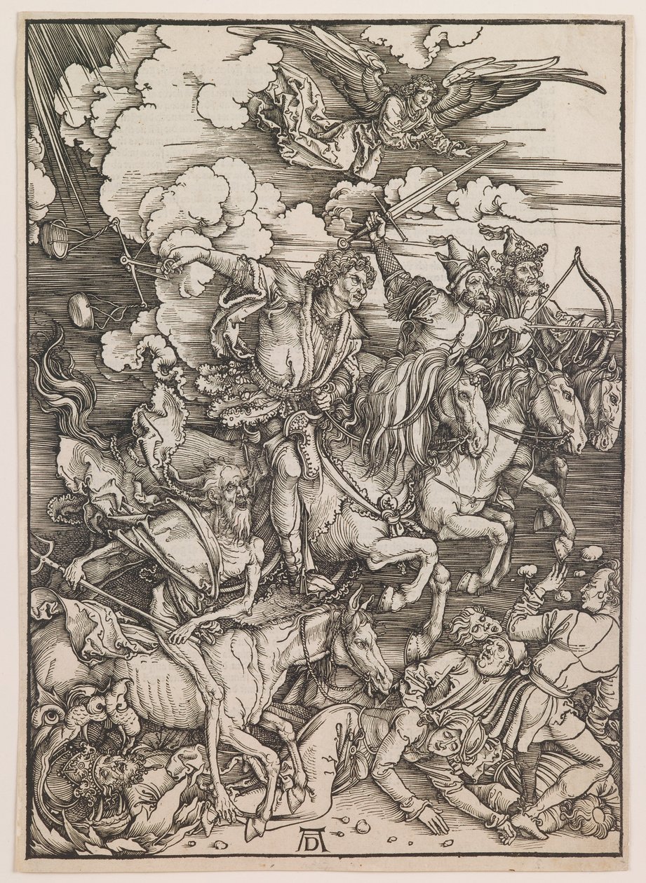 Apokalypsens fire ryttere, fra "The Apocalypse", ca. 1497-98 (træsnit) af Albrecht Dürer or Duerer