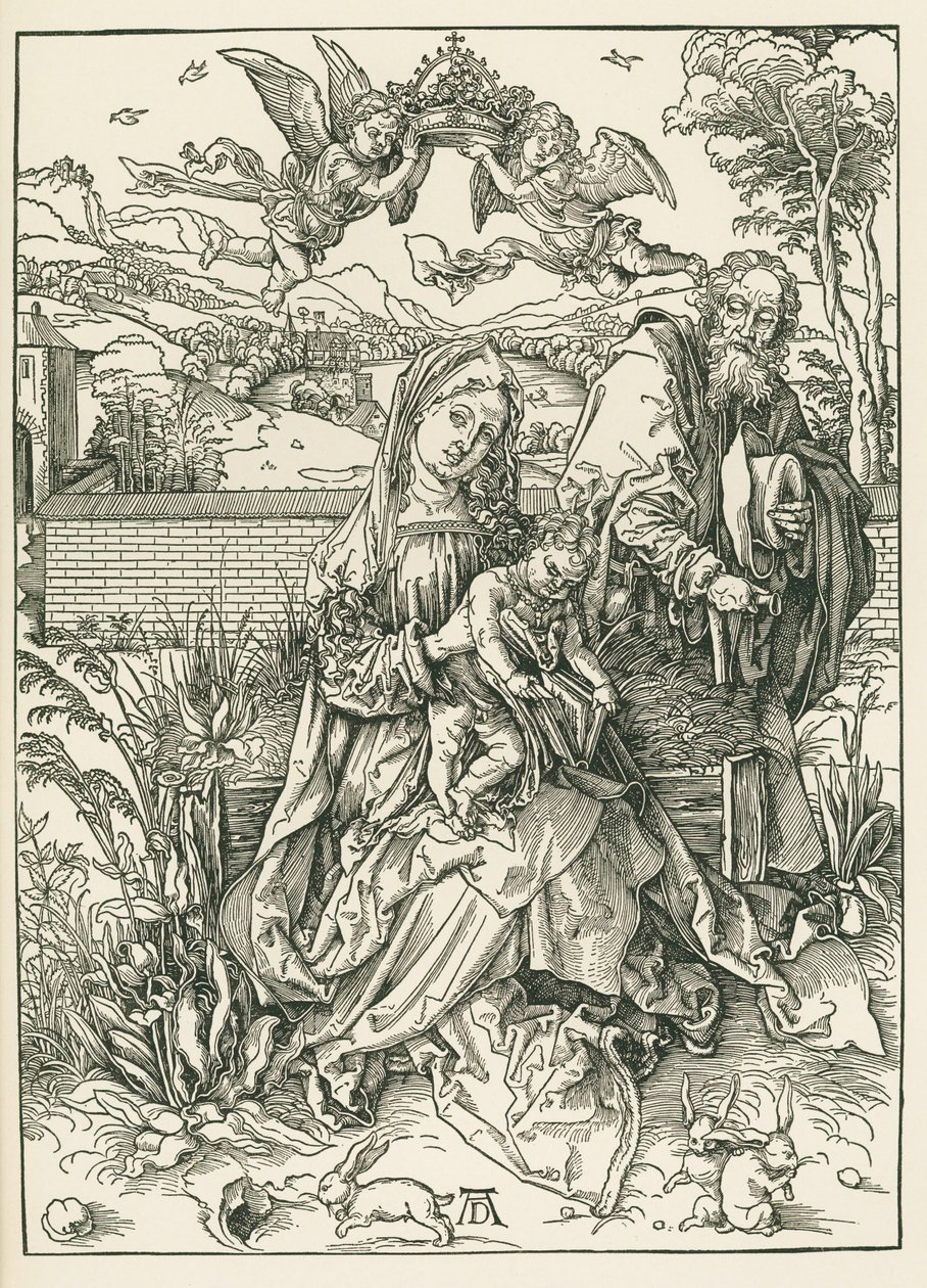 Den hellige familie med tre harer, ca. 1497 (træsnit) af Albrecht Dürer or Duerer