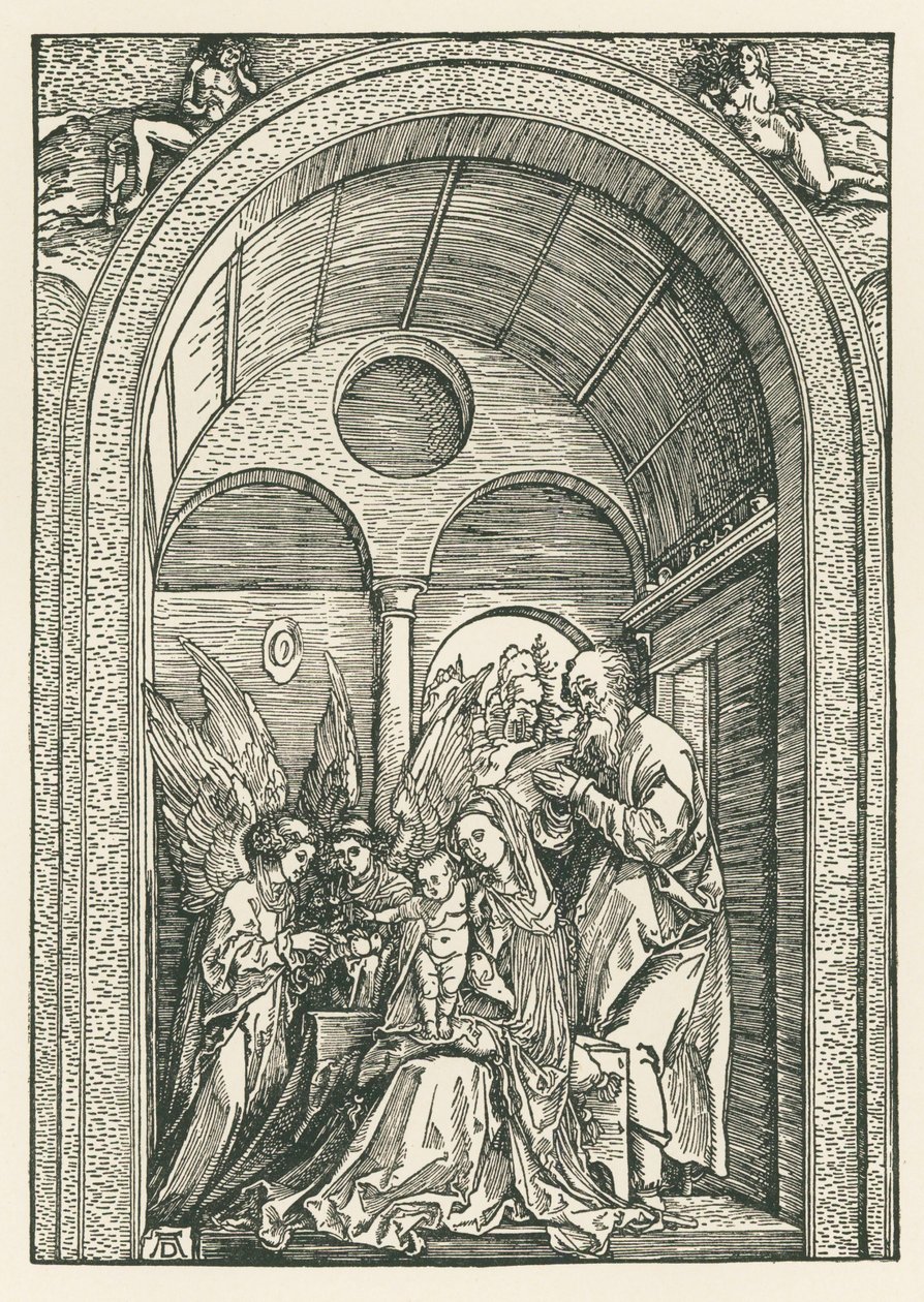 Den hellige familie med to engle i en søjlegang, ca. 1503-04 (træsnit) af Albrecht Dürer or Duerer