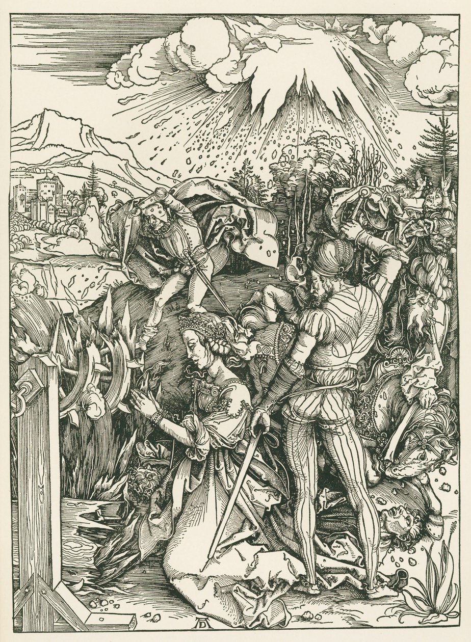 Den hellige Katarina af Alexandrias martyrium, ca. 1498 (træsnit) af Albrecht Dürer or Duerer