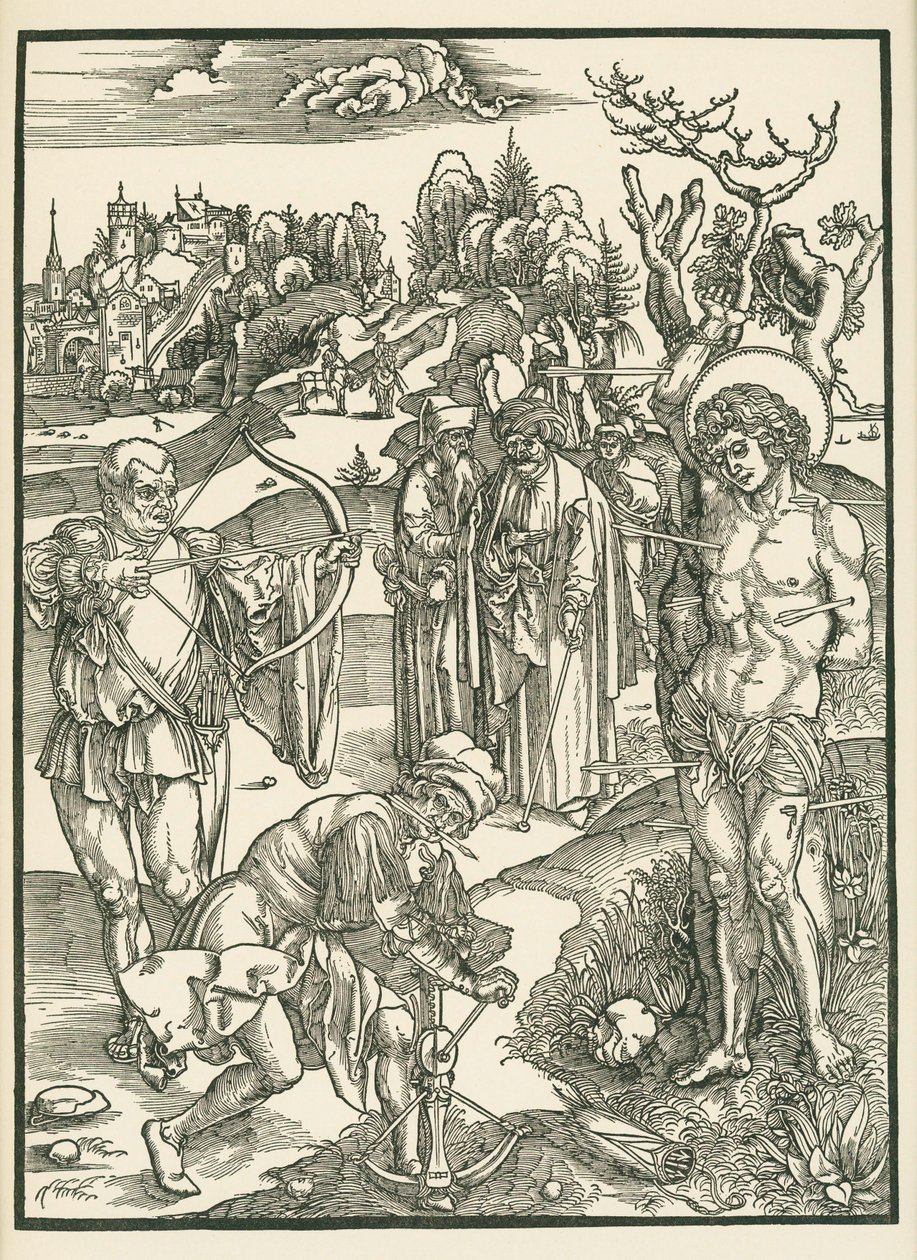 Sankt Sebastians martyrium, ca. 1500 (træsnit) af Albrecht Dürer or Duerer