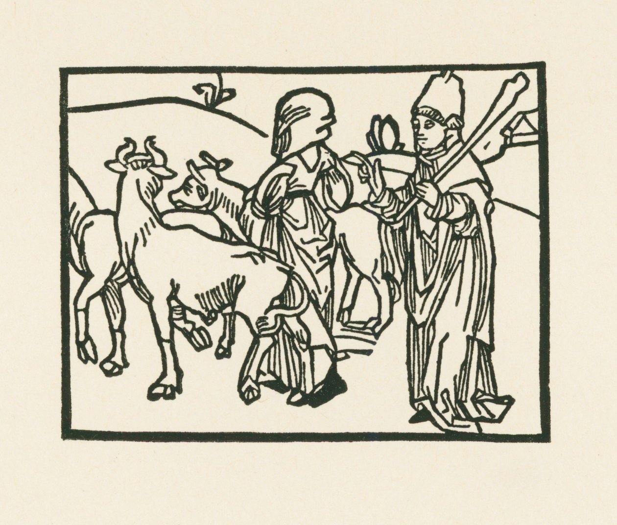 Præsten i sine klæder driver kvæg ud, og foran ham går tjenestepigen, ca. 1489-90 (træsnit) af Albrecht Dürer or Duerer