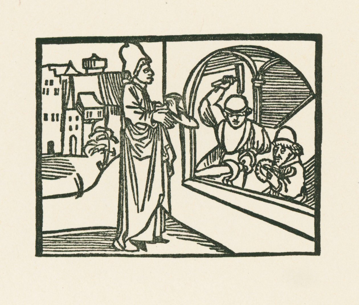 Præsten tager sin sko med til guldsmeden, ca. 1489-90 (træsnit) af Albrecht Dürer or Duerer