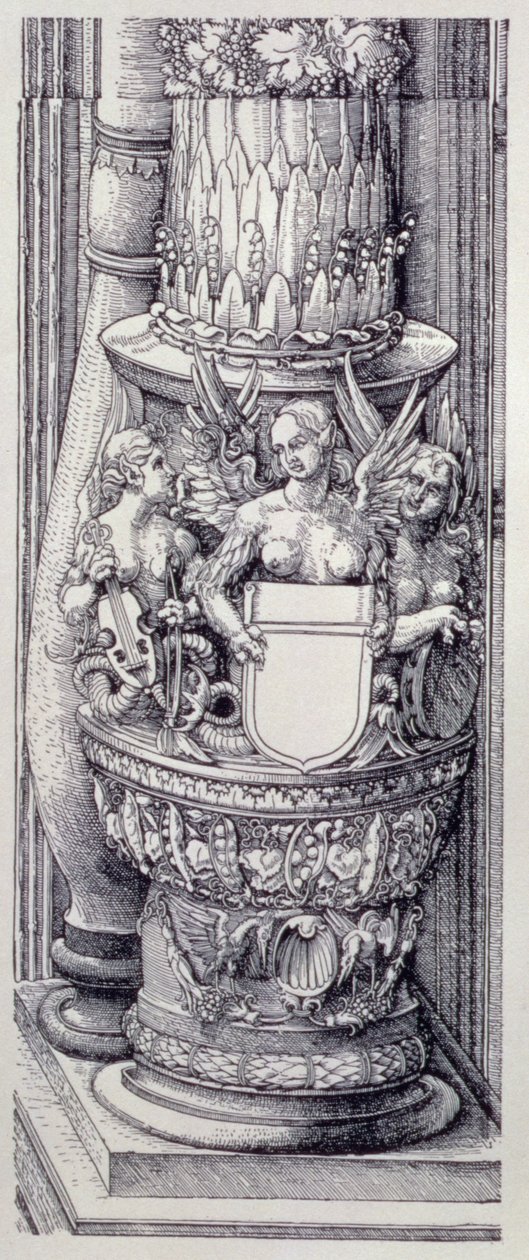 Kejser Maximilian I af Tysklands triumfbue (1459-1519): detalje af den centrale æres- og magtporte, venstre søjlebase udsmykket med bånd af løv og vingede kvindelige griffiner, dateret 1515, pub. 1517/18 (træsnit) af Albrecht Dürer