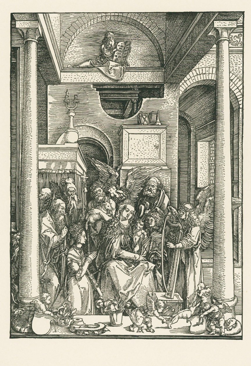 Jomfruen tilbedt af engle og helgener, ca. 1502 (træsnit) af Albrecht Dürer or Duerer