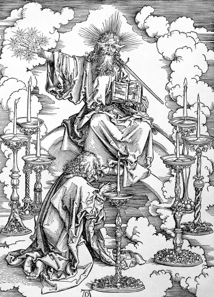 Visionen om de syv lysestager fra "Apokalypsen" eller "Johannes den Guddommeliges åbenbaringer", udg. 1498 (træsnit) af Albrecht Dürer