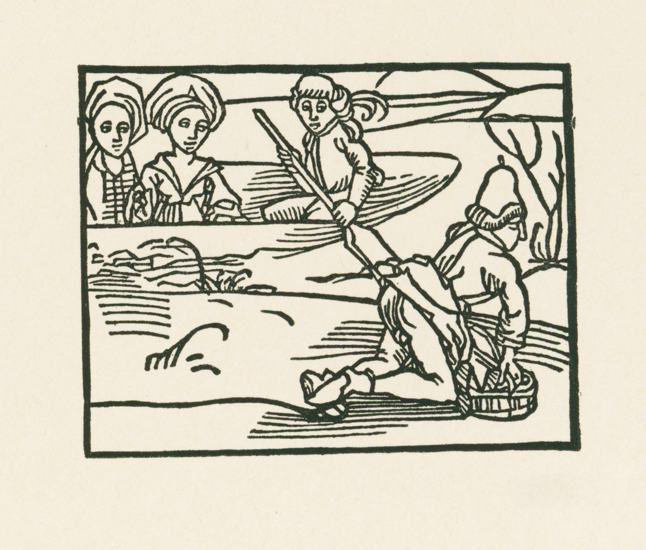 Hertuginden sidder i en båd på vandet, hvor præsten vasker sit undertøj, ca. 1489-90 (træsnit) af Albrecht Dürer or Duerer