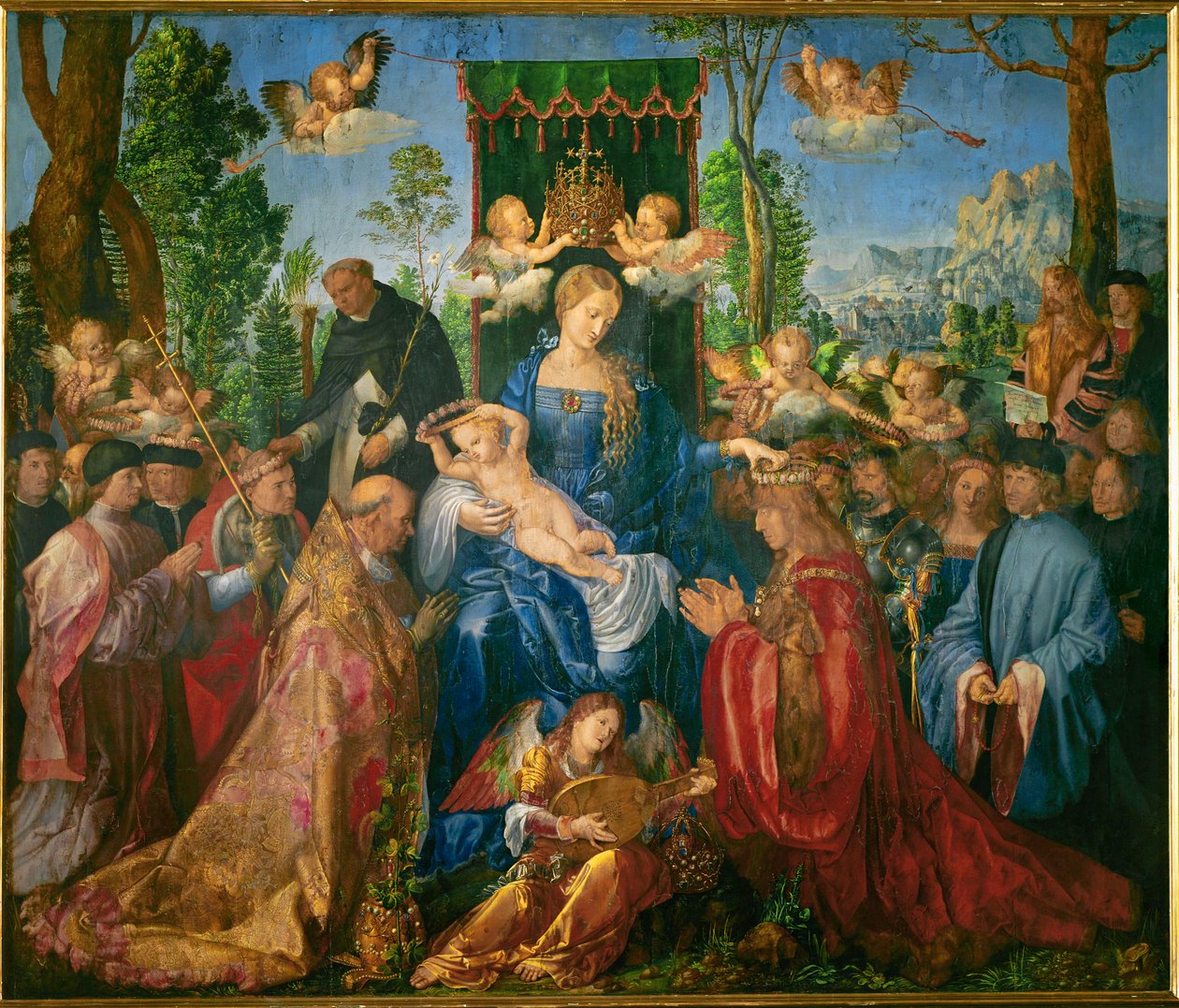 Festen med rosenkransen (olie på træ) af Albrecht Dürer or Duerer